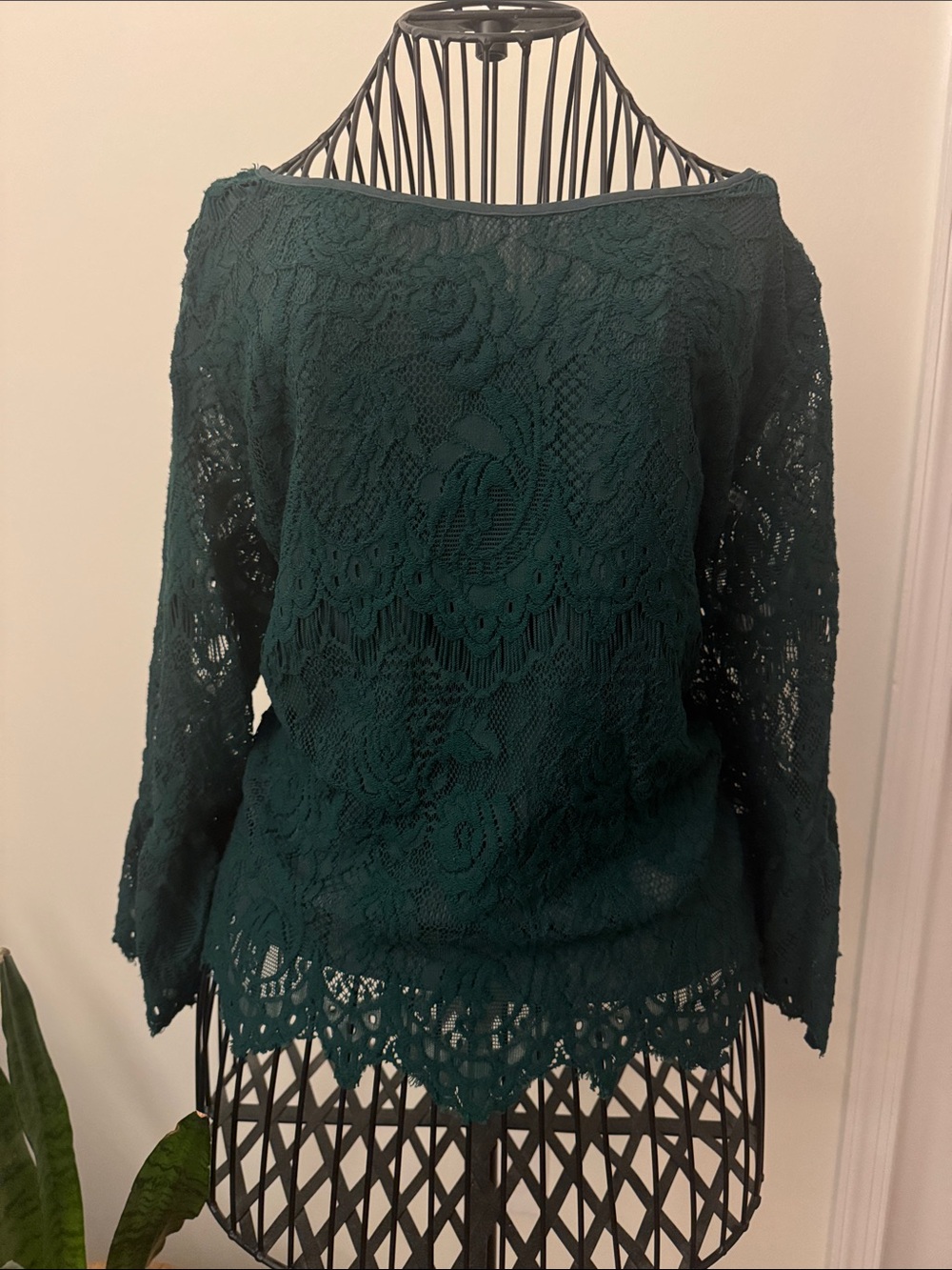 Adrienne Vittadini Forest Green Lace Boatneck Blouse